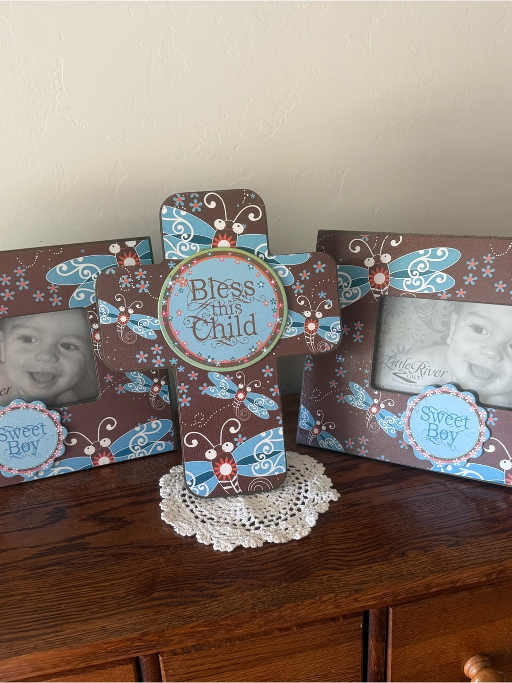Bless This Child Decorative Cross and Sweet Boy Picture Frame Set - Blue/Brown